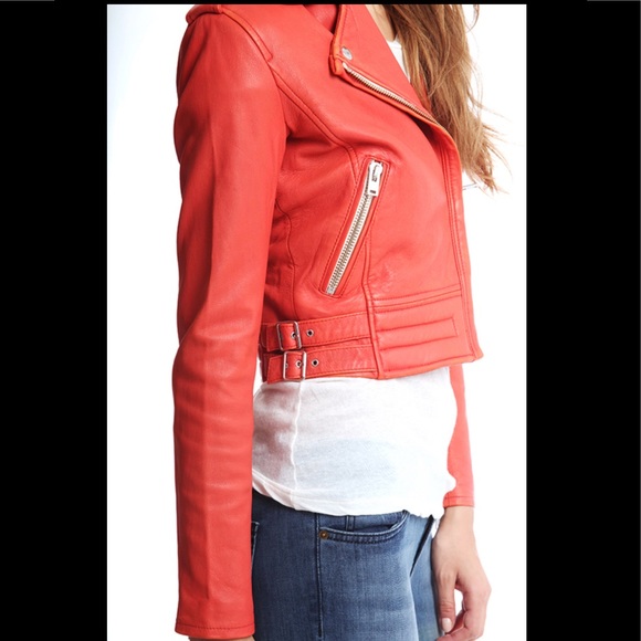 IRO Zefir Leather Biker Moto Jacket 38 Red Orange Coral - Picture 2 of 8